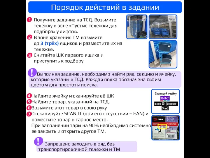 Получите задание на ТСД. Возьмите тележку в зоне «Пустые тележки