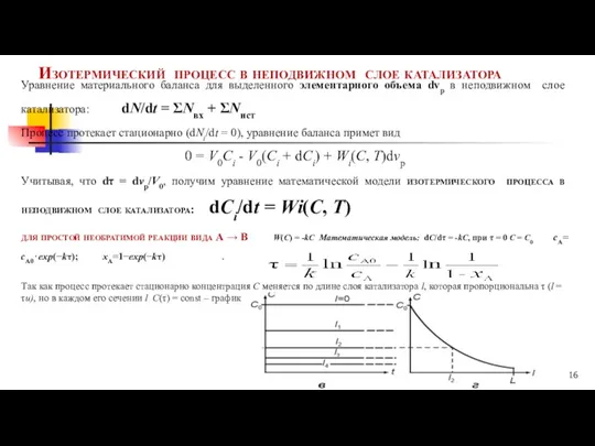 Изотермический процесс в неподвижном слое катализатора Уравнение материального баланса для