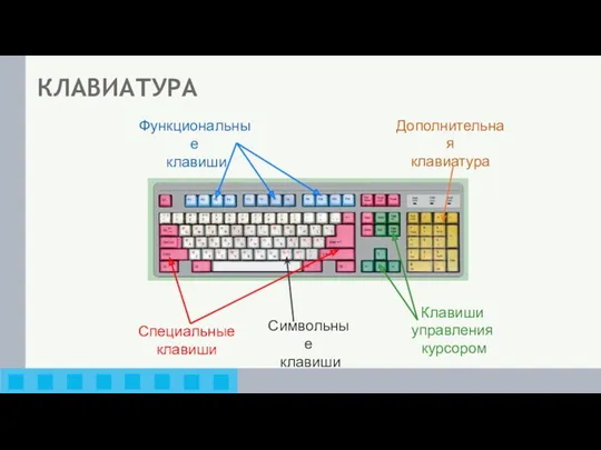 Функциональные клавиши Символьные клавиши Клавиши управления курсором Дополнительная клавиатура Специальные клавиши КЛАВИАТУРА