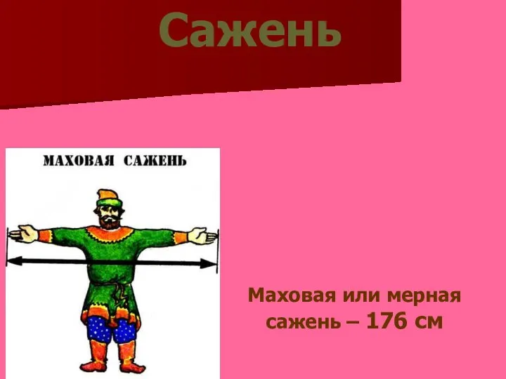 Маховая или мерная сажень – 176 см Сажень