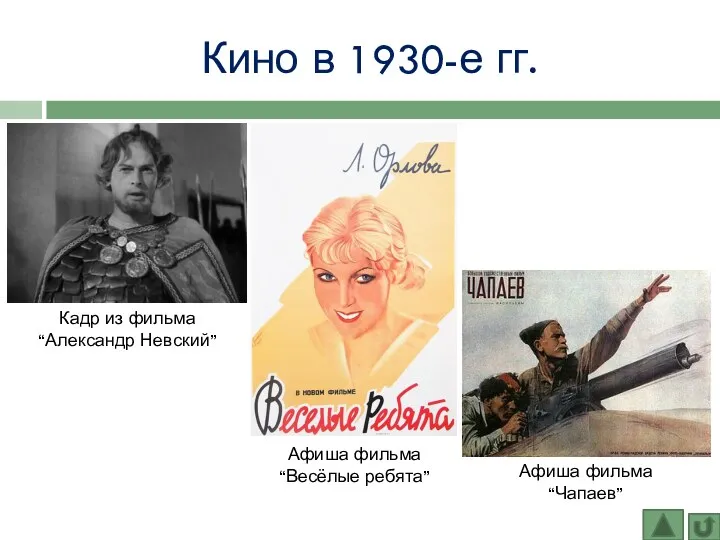 Кино в 1930-е гг. Кадр из фильма “Александр Невский” Афиша фильма “Весёлые ребята” Афиша фильма “Чапаев”