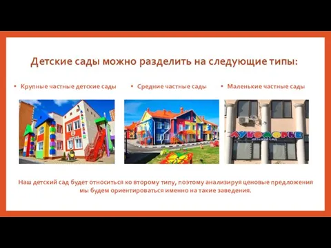 Детские сады можно разделить на следующие типы: Крупные частные детские сады Средние частные
