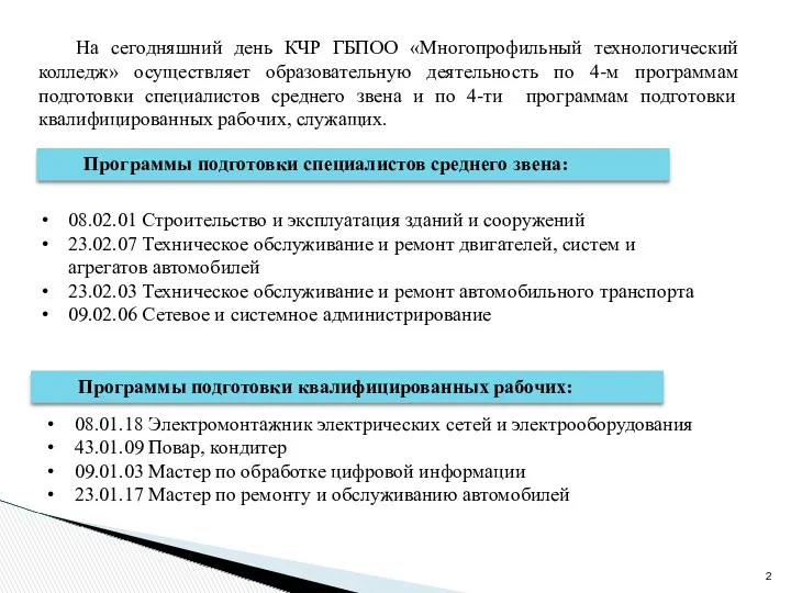 Программы подготовки специалистов среднего звена: 08.02.01 Строительство и эксплуатация зданий