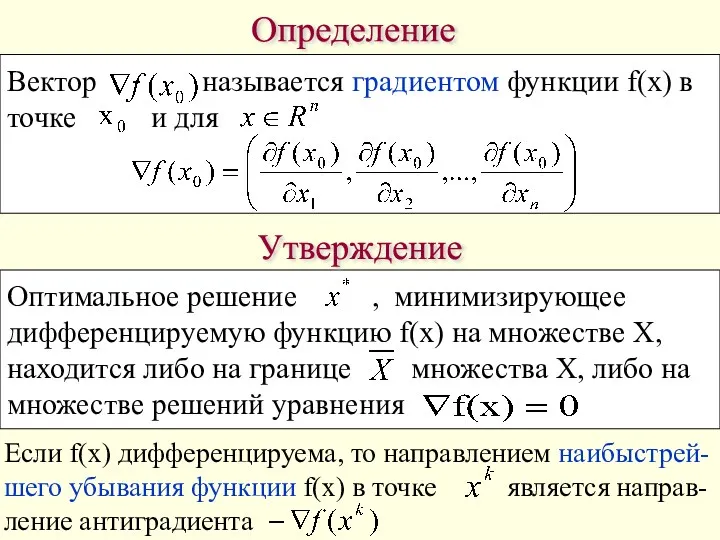 Если f(x) дифференцируема, то направлением наибыстрей- шего убывания функции f(x)