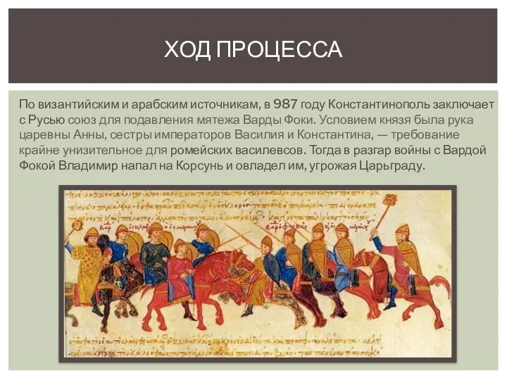 ХОД ПРОЦЕССА По византийским и арабским источникам, в 987 году Константинополь заключает с