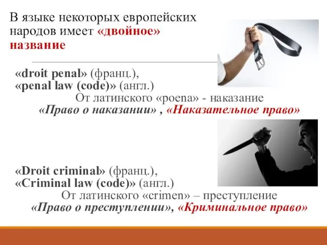 В языке некоторых европейских народов имеет «двойное» название «droit penal»