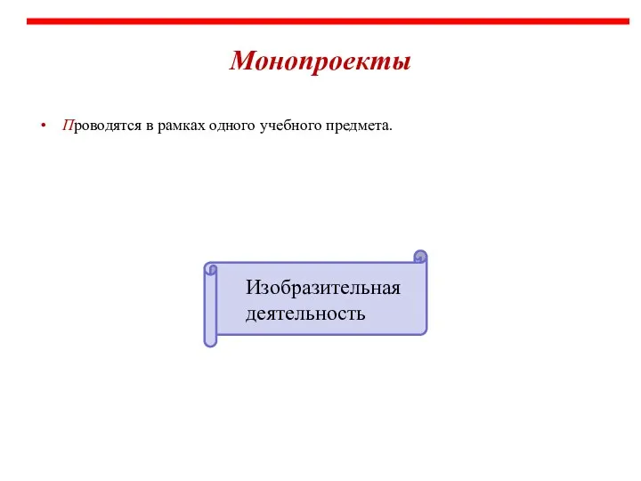 Монопроекты Проводятся в рамках одного учебного предмета. Изобразительная деятельность