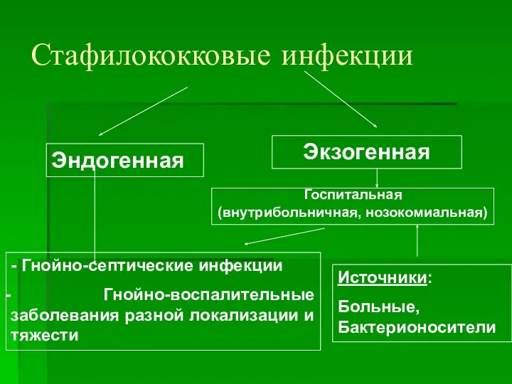 Стафилококковые инфекции Эндогенная Экзогенная Госпитальная (внутрибольничная, нозокомиальная) - Гнойно-септические инфекции Гнойно-воспалительные заболевания разной