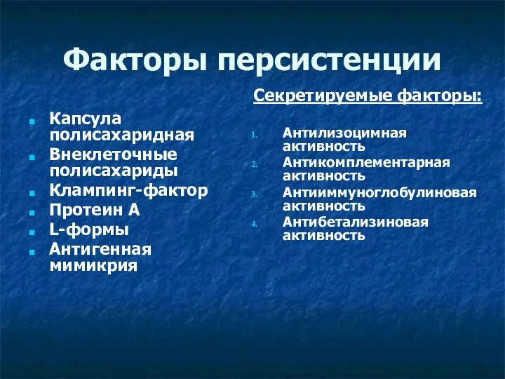 Факторы персистенции Капсула полисахаридная Внеклеточные полисахариды Клампинг-фактор Протеин А L-формы Антигенная мимикрия Секретируемые