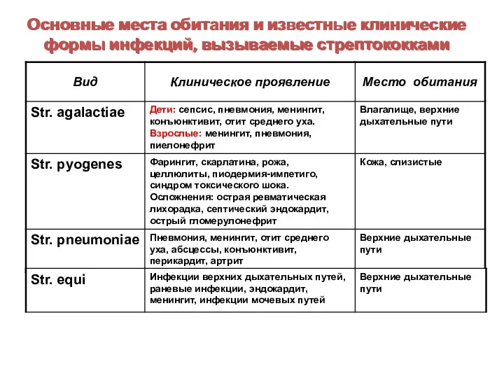 Основные места обитания и известные клинические формы инфекций, вызываемые стрептококками Основные места обитания