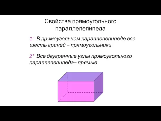 Свойства прямоугольного параллелепипеда 1° В прямоугольном параллелепипеде все шесть граней