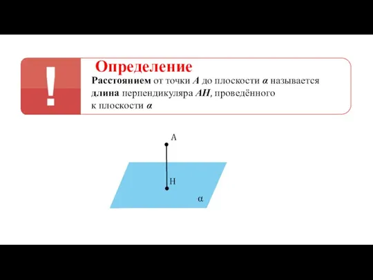 Определение Расстоянием от точки А до плоскости α называется длина