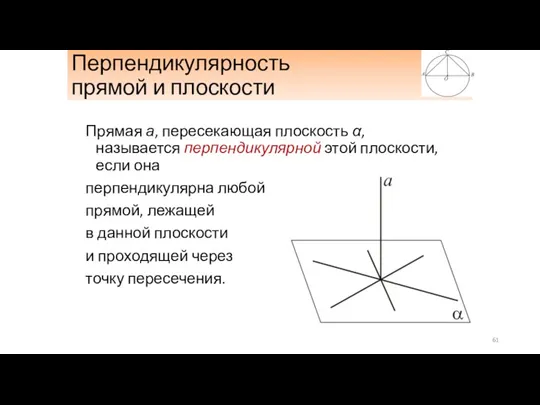 Перпендикулярность прямой и плоскости Прямая а, пересекающая плоскость α, называется