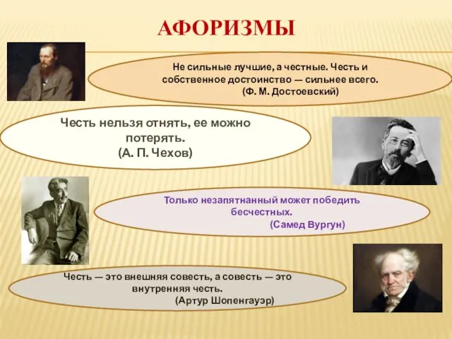 АФОРИЗМЫ Не сильные лучшие, а честные. Честь и собственное достоинство — сильнее всего.