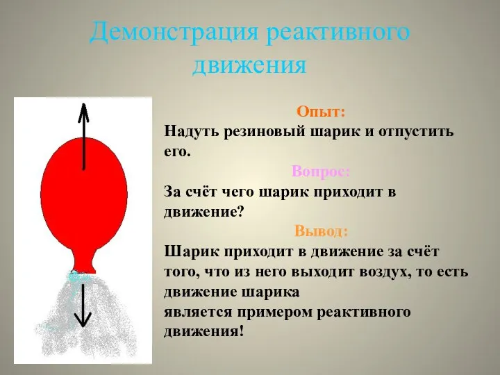 Демонстрация реактивного движения Опыт: Надуть резиновый шарик и отпустить его.