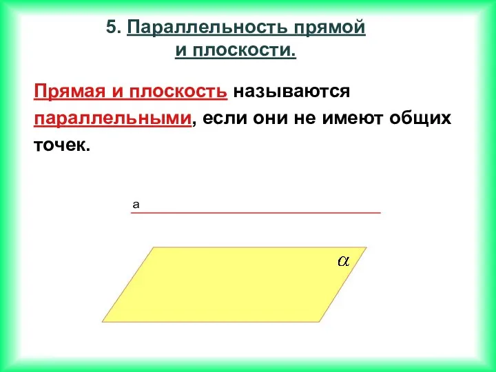 Прямая и плоскость называются параллельными, если они не имеют общих точек. a 5.