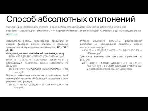 Способ абсолютных отклонений Пример: Проанализировать влияние на валовый объем производства