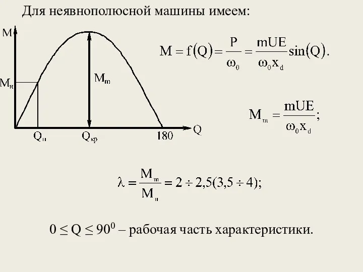 Для неявнополюсной машины имеем: 0 ≤ Q ≤ 900 – рабочая часть характеристики.