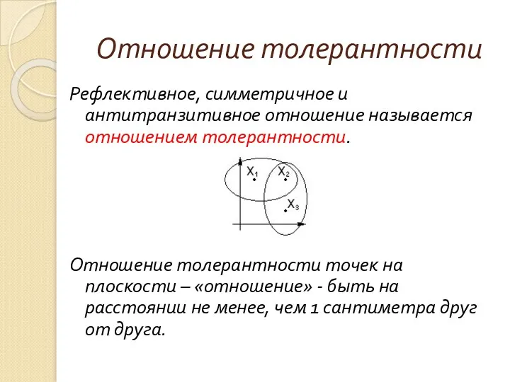 Отношение толерантности Рефлективное, симметричное и антитранзитивное отношение называется отношением толерантности. Отношение толерантности точек