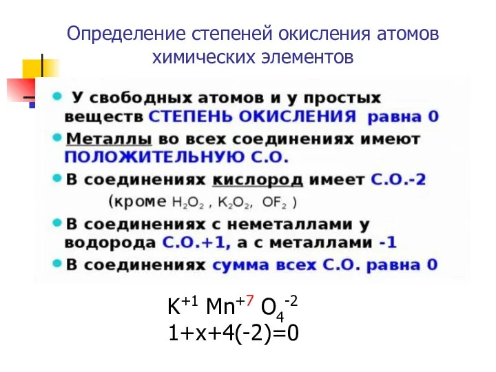 Определение степеней окисления атомов химических элементов K+1 Mn+7 O4-2 1+х+4(-2)=0