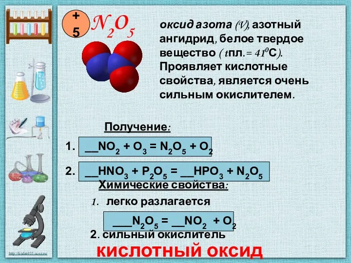 N2O5 +5 Получение: 1. __NO2 + O3 = N2O5 +
