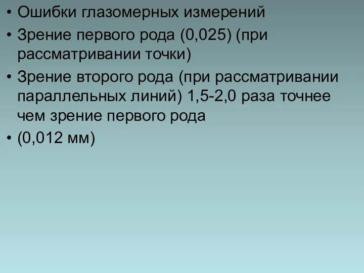 Ошибки глазомерных измерений Зрение первого рода (0,025) (при рассматривании точки)