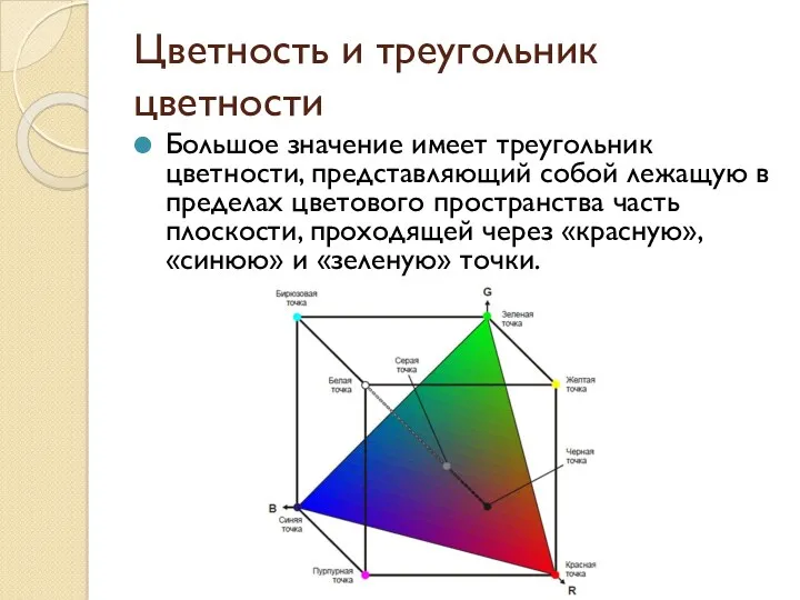 Цветность и треугольник цветности Большое значение имеет треугольник цветности, представляющий
