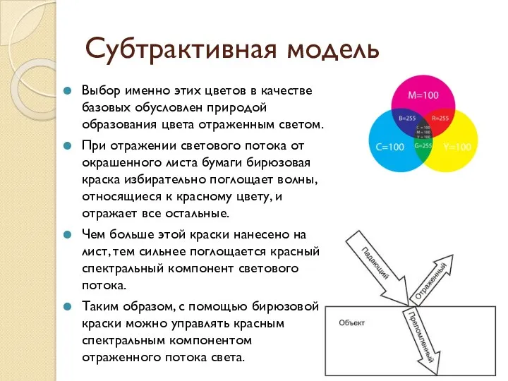 Субтрактивная модель Выбор именно этих цветов в качестве базовых обусловлен