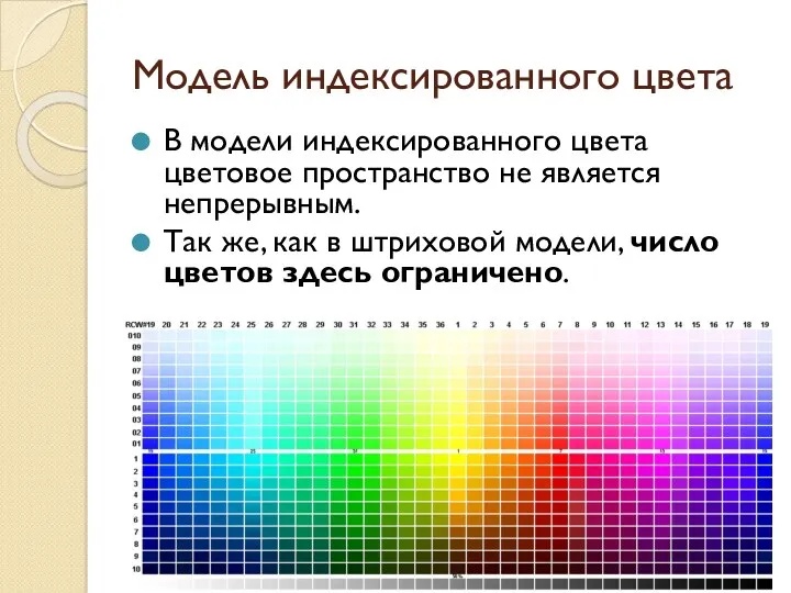 Модель индексированного цвета В модели индексированного цвета цветовое пространство не
