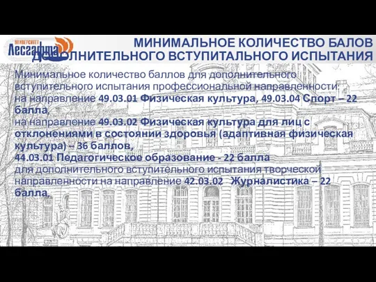 Минимальное количество баллов для дополнительного вступительного испытания профессиональной направленности: на