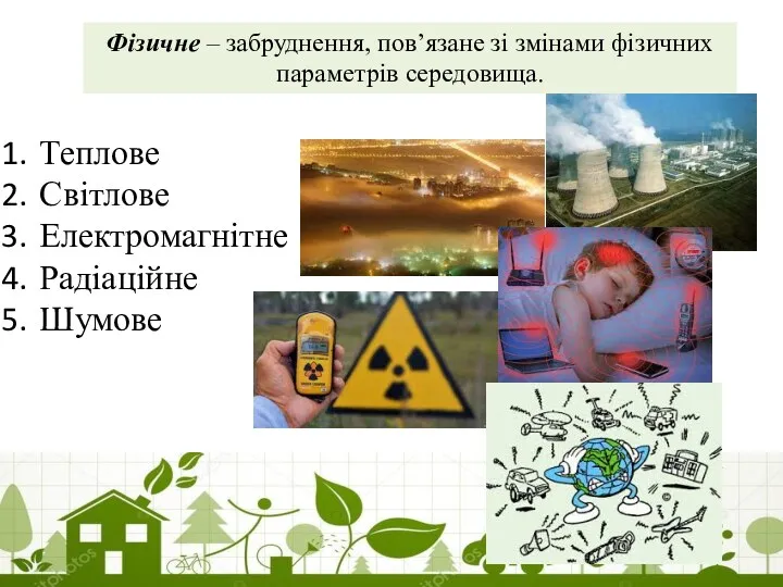 Фізичне – забруднення, пов’язане зі змінами фізичних параметрів середовища. Теплове Світлове Електромагнітне Радіаційне Шумове