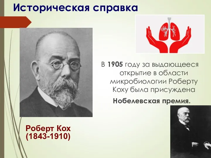 Историческая справка В 1905 году за выдающееся открытие в области микробиологии Роберту Коху