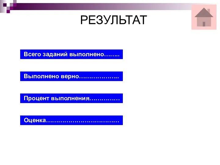 РЕЗУЛЬТАТ Всего заданий выполнено…….. Выполнено верно……………….. Процент выполнения…………… Оценка………………………………