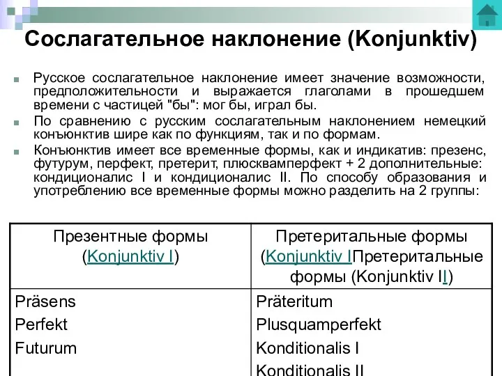 Сослагательное наклонение (Konjunktiv) Русское сослагательное наклонение имеет значение возможности, предположительности и выражается глаголами