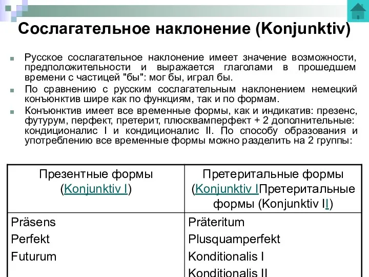 Сослагательное наклонение (Konjunktiv) Русское сослагательное наклонение имеет значение возможности, предположительности