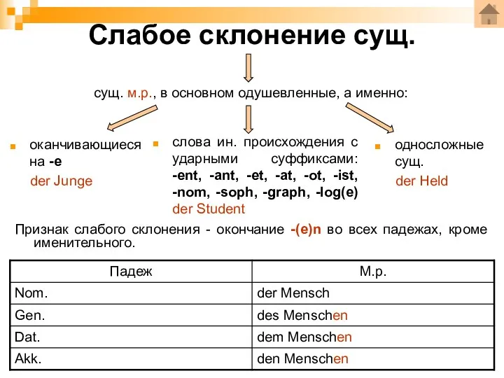 Слабое склонение сущ. оканчивающиеся на -e der Junge слова ин.