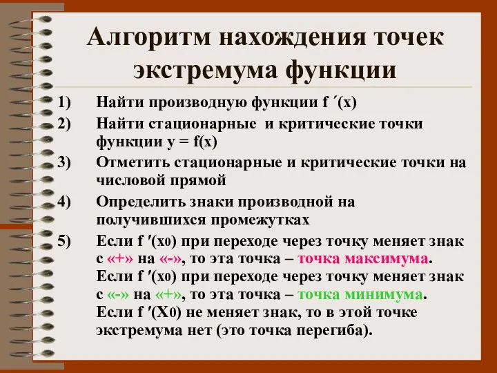 Алгоритм нахождения точек экстремума функции Найти производную функции f ΄(х)