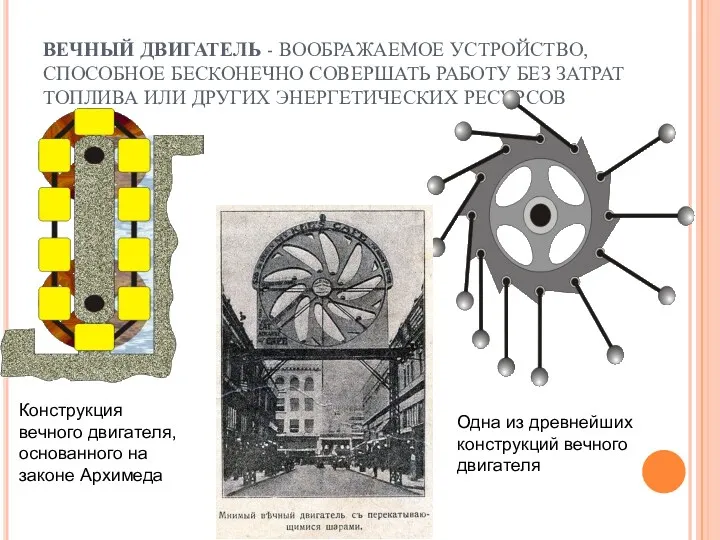 ВЕЧНЫЙ ДВИГАТЕЛЬ - ВООБРАЖАЕМОЕ УСТРОЙСТВО, СПОСОБНОЕ БЕСКОНЕЧНО СОВЕРШАТЬ РАБОТУ БЕЗ