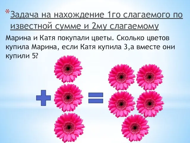 Задача на нахождение 1го слагаемого по известной сумме и 2му