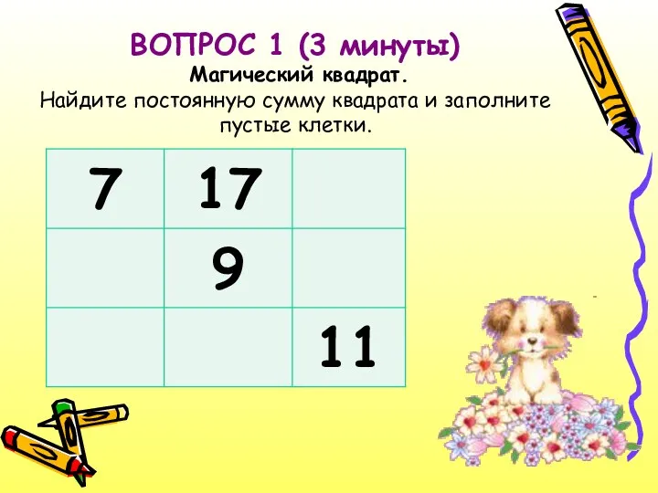 ВОПРОС 1 (3 минуты) Магический квадрат. Найдите постоянную сумму квадрата и заполните пустые клетки.