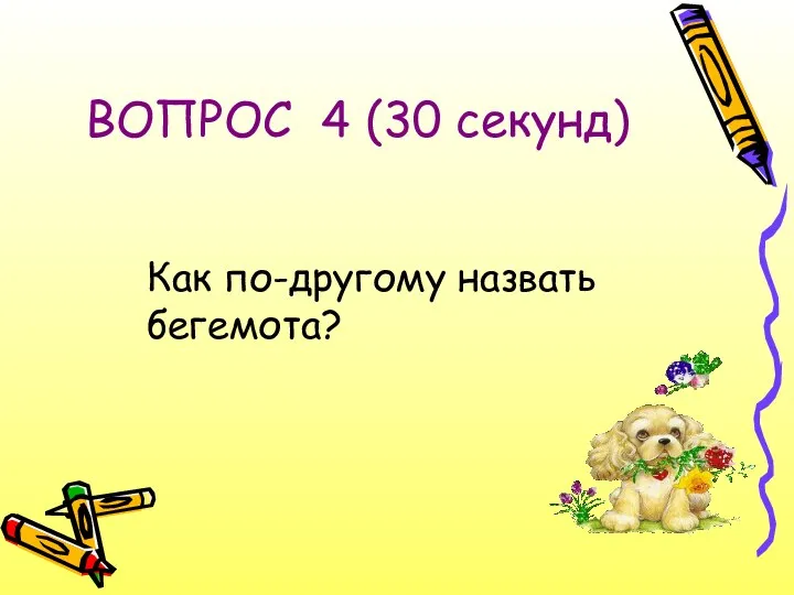 ВОПРОС 4 (30 секунд) Как по-другому назвать бегемота?