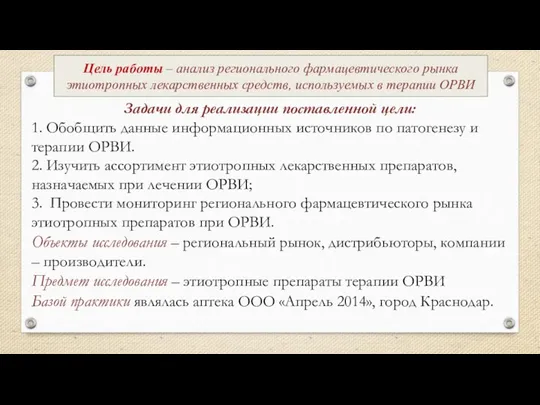 Цель работы – анализ регионального фармацевтического рынка этиотропных лекарственных средств,