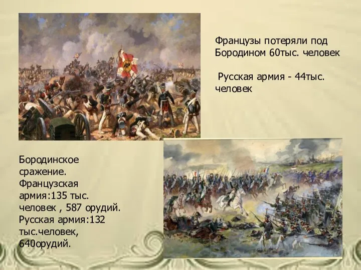 Бородинское сражение. Французская армия:135 тыс. человек , 587 орудий. Русская