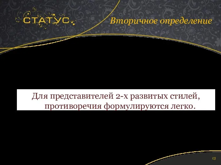 Вторичное определение Для представителей 2-х развитых стилей, противоречия формулируются легко.