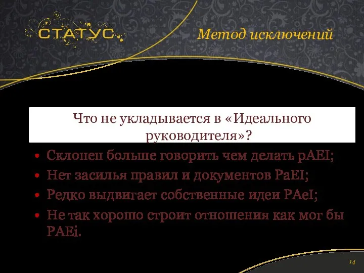 Метод исключений Что не укладывается в «Идеального руководителя»? Склонен больше