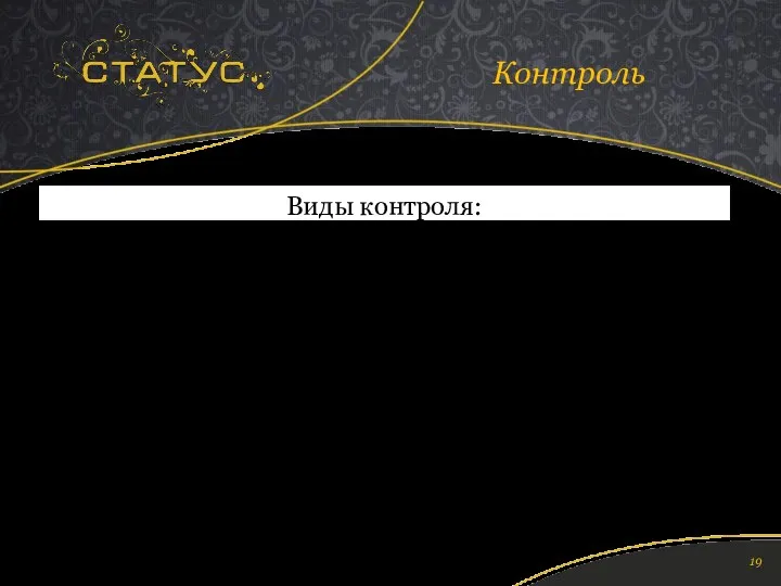 Виды контроля: Предварительный. Используется на этапе постановки задачи и делегировании.