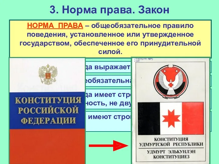 3. Норма права. Закон НОРМА ПРАВА – общеобязательное правило поведения,