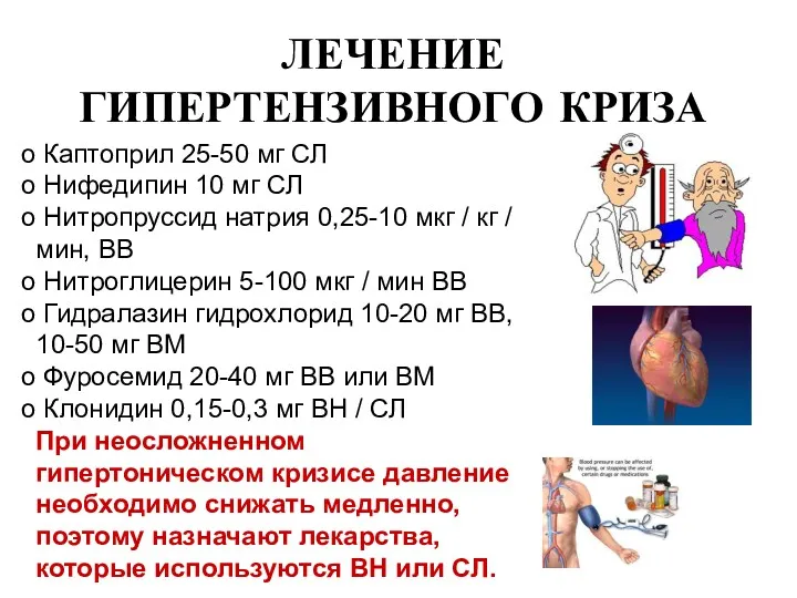 ЛЕЧЕНИЕ ГИПЕРТЕНЗИВНОГО КРИЗА Каптоприл 25-50 мг СЛ Нифедипин 10 мг