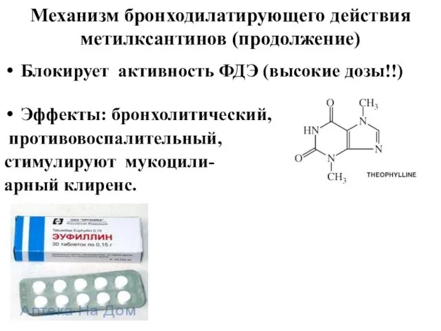 Механизм бронходилатирующего действия метилксантинов (продолжение) Блокирует активность ФДЭ (высокие дозы!!)