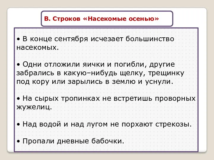 В. Строков «Насекомые осенью» • В конце сентября исчезает большинство